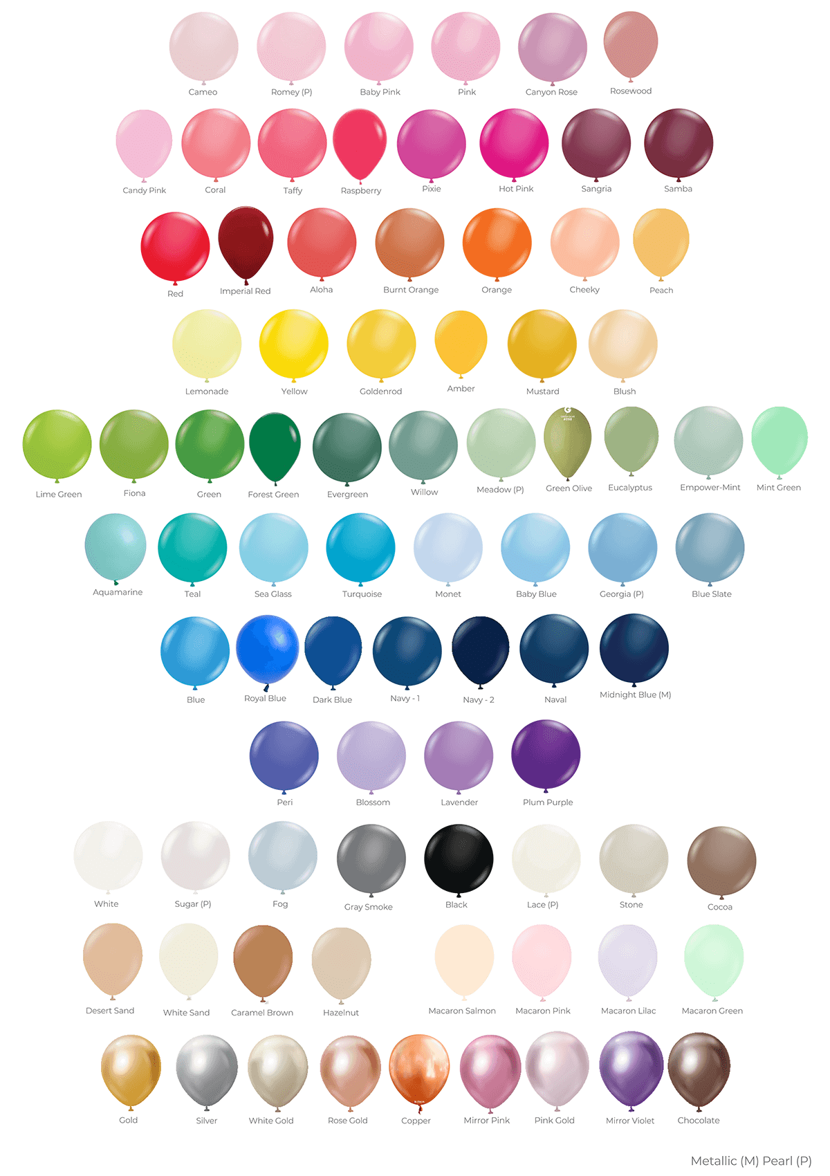 Color chart featuring a variety of balloons in multiple shades for balloon garland kits.