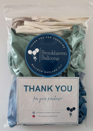 Balloon garland kit by Brookhaven Balloons featuring various colors and a thank you note for your purchase.